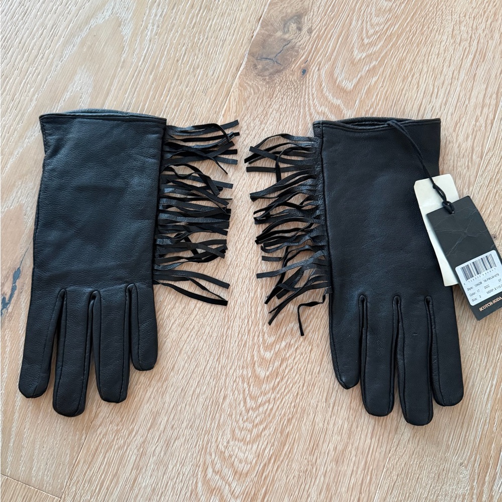Scotch & Soda Black Leather Fringe Gloves - Small